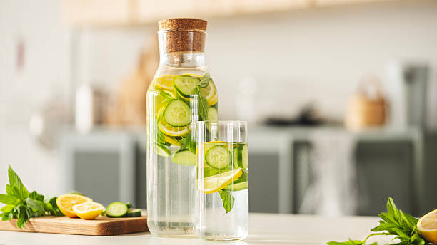 Detox water with lemon, cucumber and mint leaves